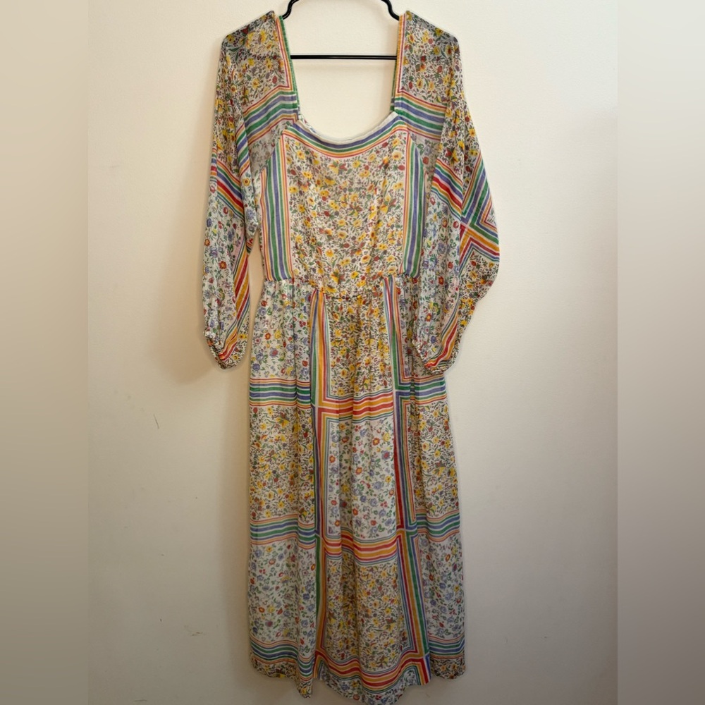 VINTAGE!-{Rainbow of California}-Size: S-Floral Multicolor Dress with Red Belt